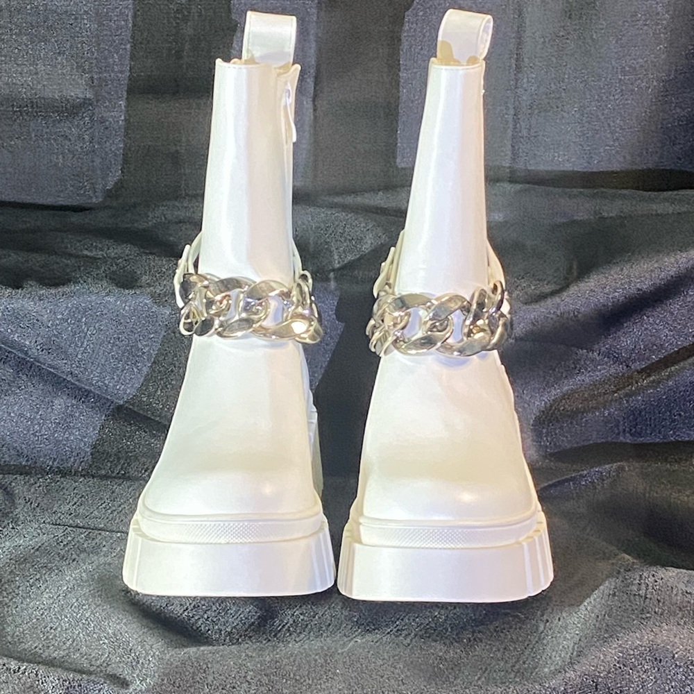 White Chunky Chain Ankle Boots - Picture 2 of 7